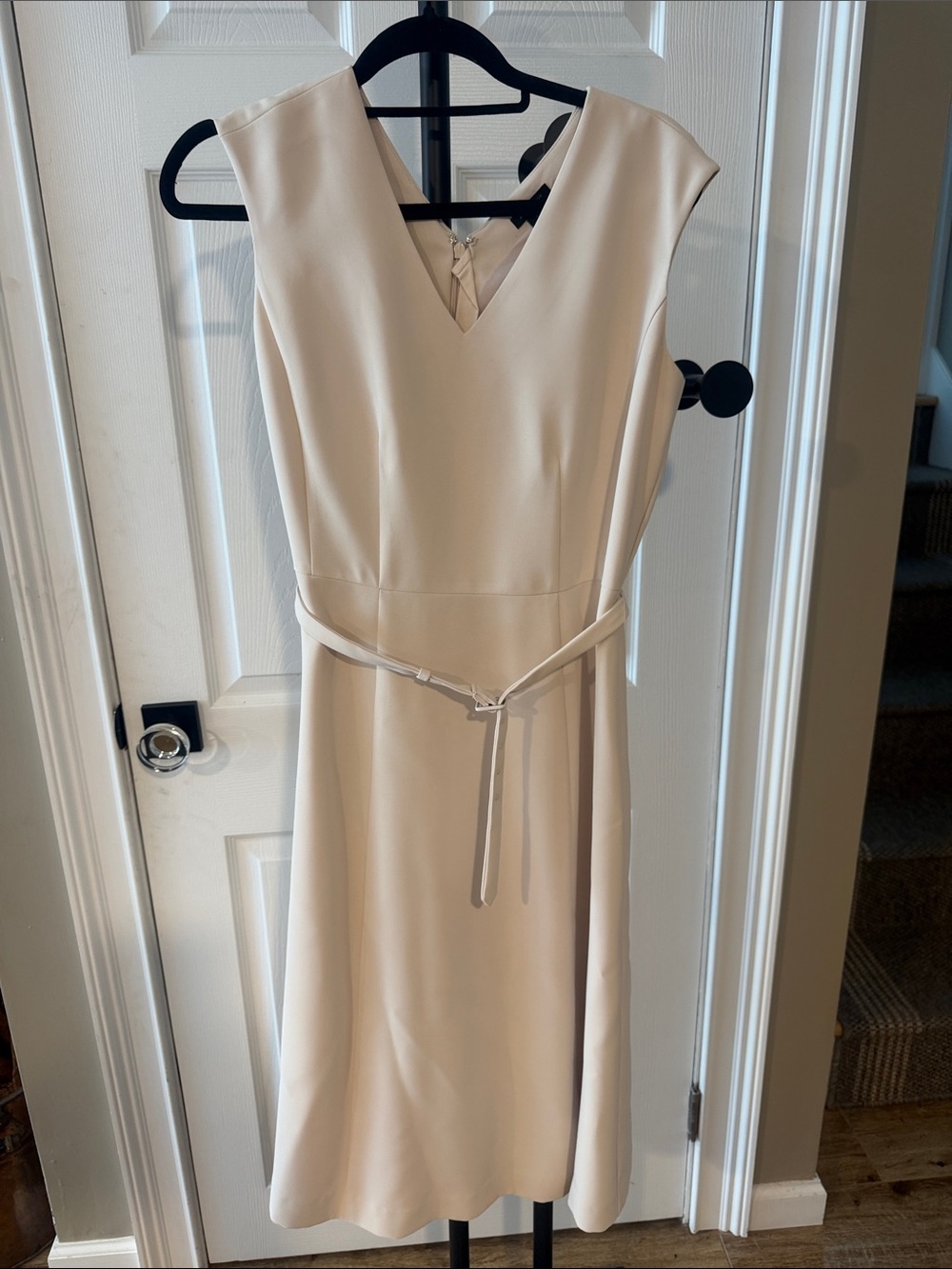 Ann Taylor Cream V-Neck Belted Sheath Dress